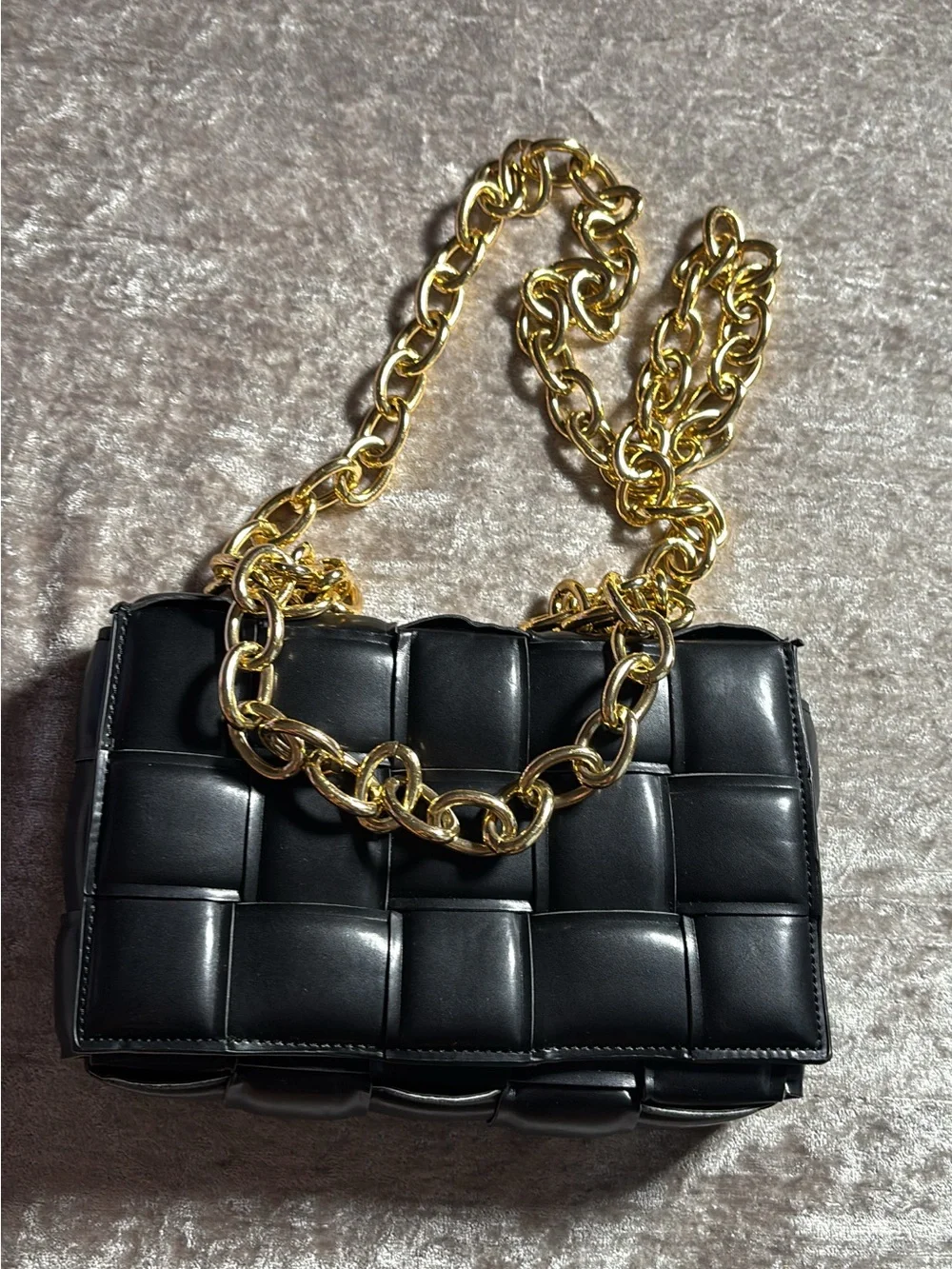Black Quilted Chain Shoulder Bag with Gold Hardware